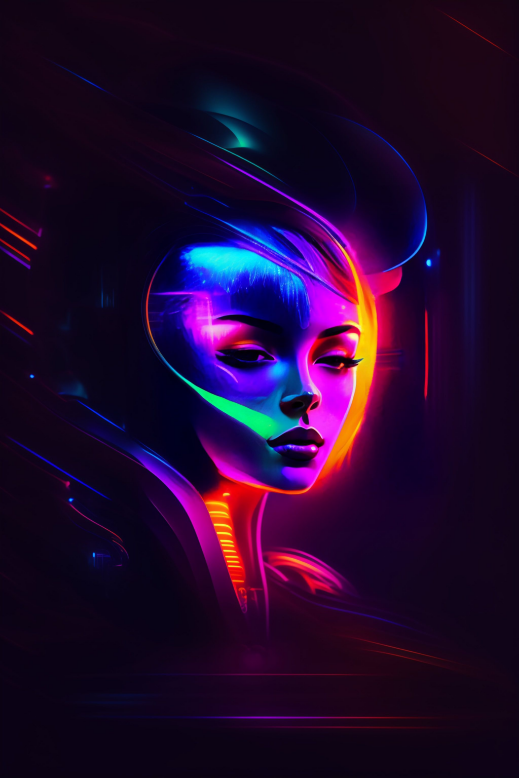 mujer del futuro con fondo negro y colores reflejados en la cara